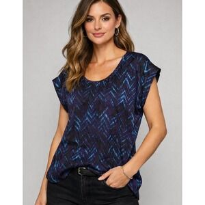 Vintage Express Abstract Print Blouse Medium Y2K Cap Sleeve Scoop Neck Top